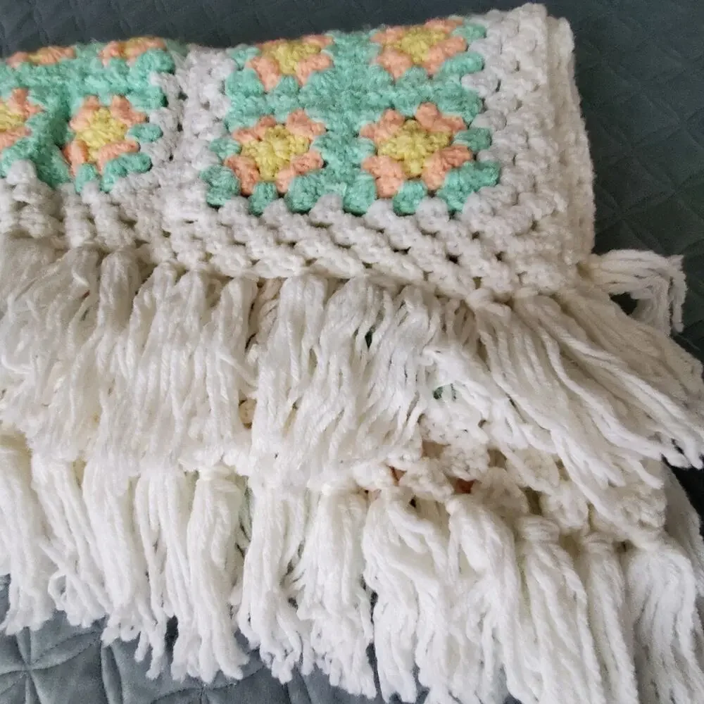 Handmade Crocheted White and green, peach colored yarn fringe throw blanket